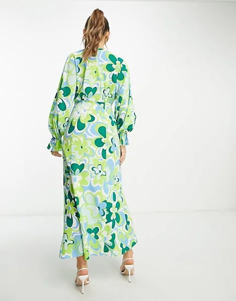 Зеленое платье макси с глубоким вырезом и цветочным принтом в стиле ретро ASOS DESIGN