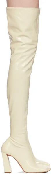 Кремового цвета Высокие сапоги до бедра из эластичной ткани Marine Amina Muaddi