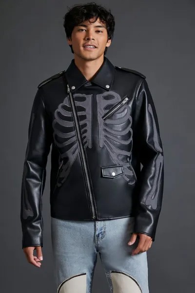 Мотоциклетная куртка из искусственной кожи со скелетом Forever 21, черный