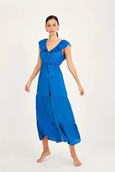 Голубое гладкое платье миди Lenzing EcoVero с рюшами на воротнике Monsoon, синий