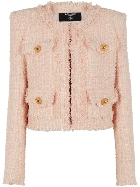 Balmain твидовый жакет без воротника, розовый