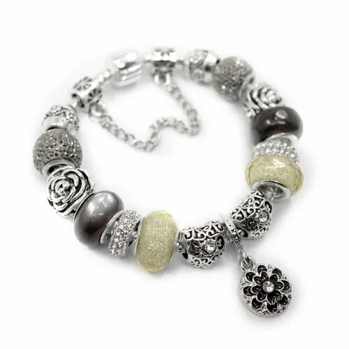 Браслет-цепочка Handinsilver ( Посеребриручку ) Браслет с шармами на основе из бижутерной стали, стразы, стекло, муранское стекло, 1 шт., размер 15 см, серый