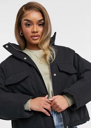 Пуховик угольного цвета с затягивающимся шнурком ASOS DESIGN Petite-Серый