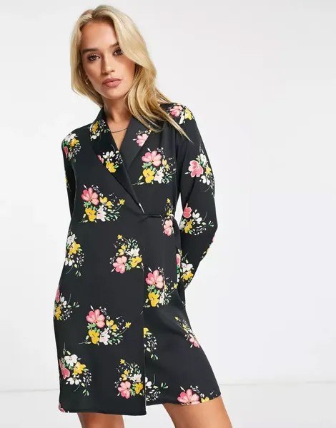 Черное короткое платье-рубашка с цветочным принтом River Island