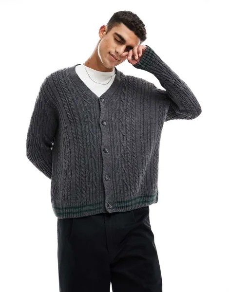Объемный темно-серый и зеленый кардиган крикетной вязки ASOS DESIGN