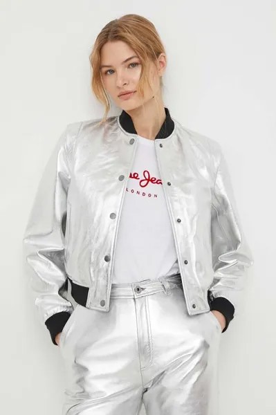Кожаная куртка-бомбер Pepe Jeans, серебро
