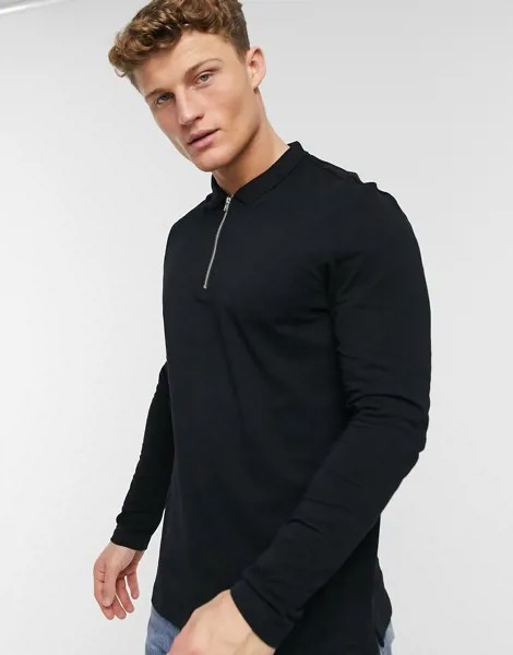 Черное поло из пике с длинными рукавами и молнией New Look-Черный
