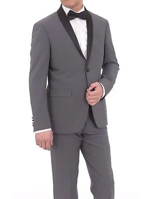 Eleganza Platinum Облегающий серый костюм-смокинг в полоску в тон с шалевыми лацканами