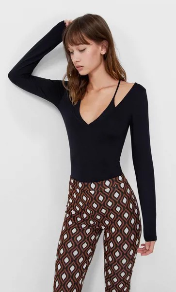 Stradivarius Боди С V-Образным Вырезом И Внутренним Топом На Бретелях Черный Xl