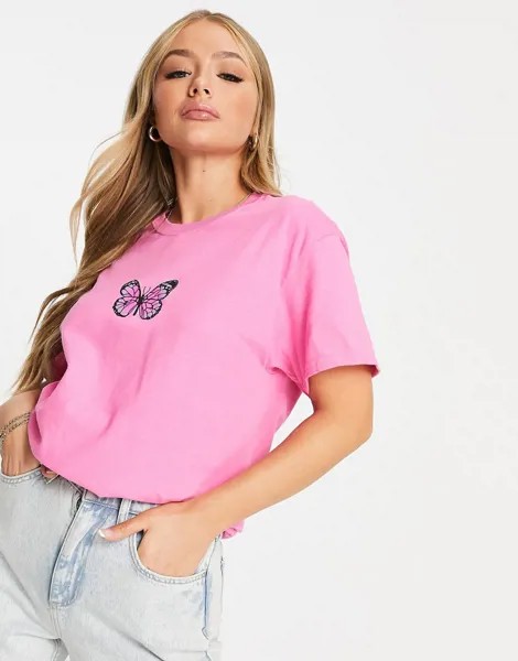 Розовая футболка в стиле oversized с бабочкой HNR LDN-Черный цвет