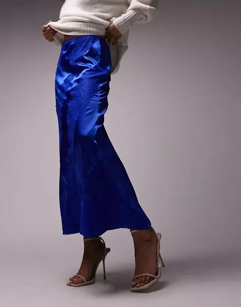 Юбка миди премиум-класса из атласа и кружева Topshop синего кобальта