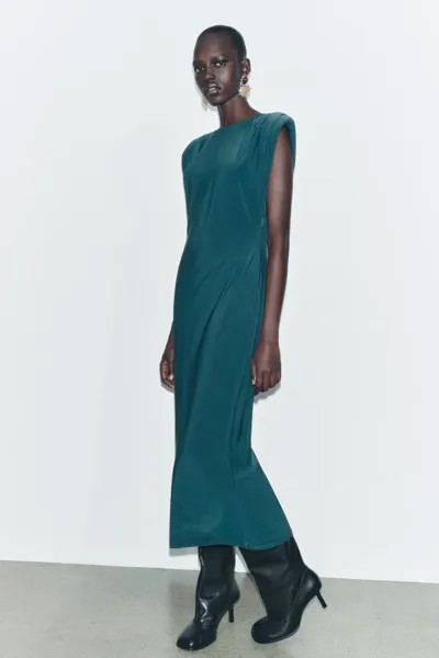 Длинное платье с подплечниками ZARA, цвет duck green