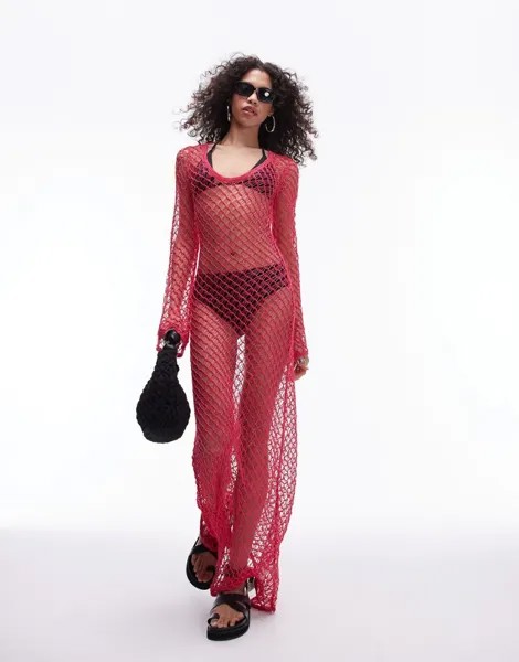 Розовое трикотажное платье макси с длинными рукавами Topshop