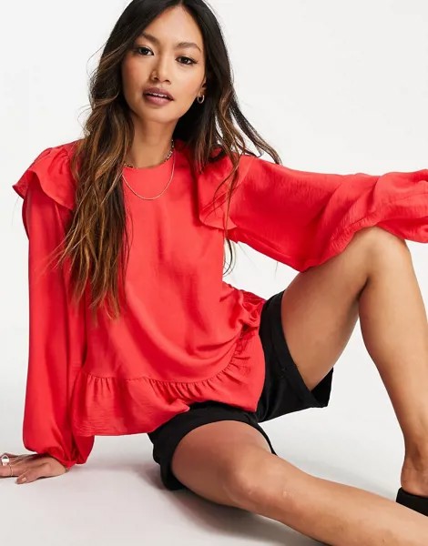 Лонгслив цвета кораллового цвета с оборками ASOS DESIGN-Бесцветный