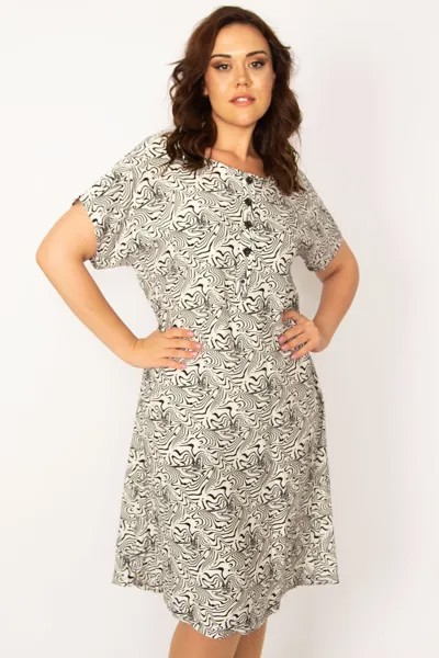 Женское платье большого размера из вискозной ткани с пуговицами спереди и поясом на талии 65n33614 Şans, экрю