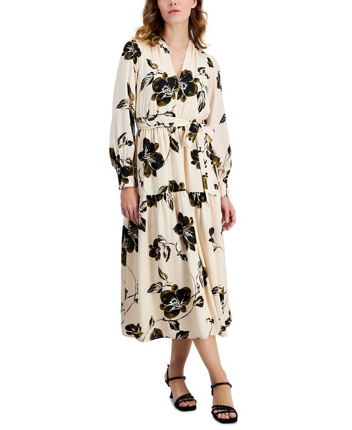 Женское многоярусное платье миди с цветочным принтом Anne Klein, белый