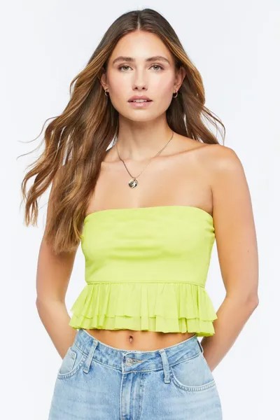 Укороченный топ-труба из сетки с рюшами Forever 21, зеленый