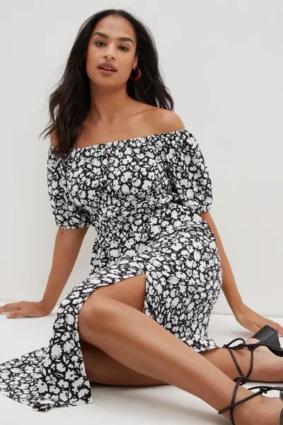 Платье миди с монохромным цветочным принтом и бардо Dorothy Perkins, мультиколор