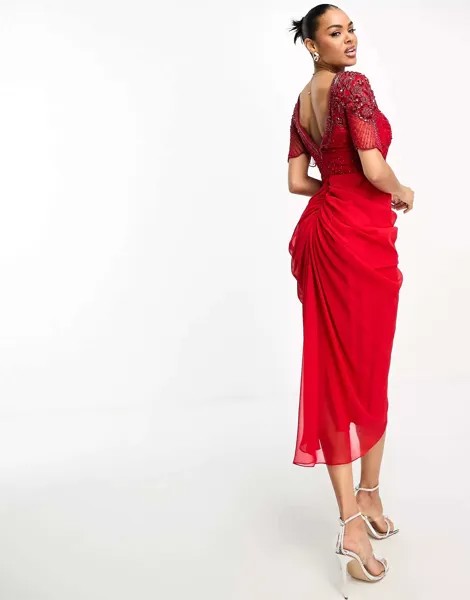 Красное платье миди Denise с декоративными деталями на рукавах Virgos Lounge
