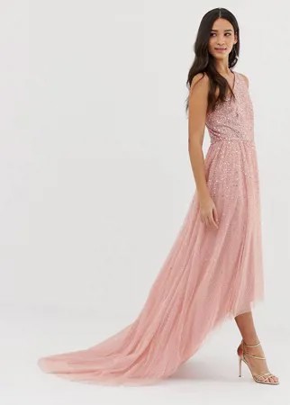 Розовое платье макси на одно плечо для выпускного Dolly & Delicious-Розовый