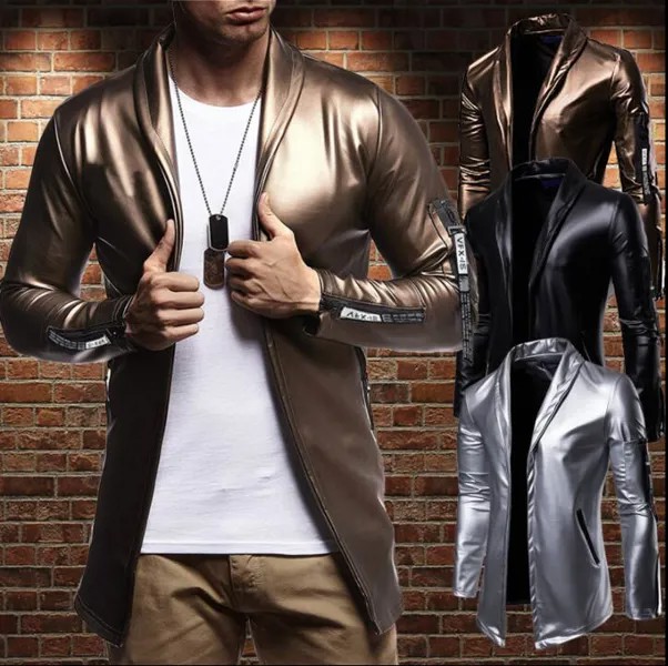 Блестящий мужской блейзер без пряжки, приталенный жакет из искусственной кожи, пальто, повседневная куртка, золотисто-Серебристый