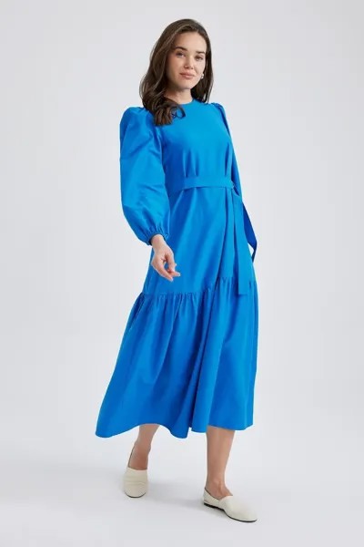 Платье макси из поплина с круглым вырезом и завязкой на талии, длинными рукавами DeFacto, синий