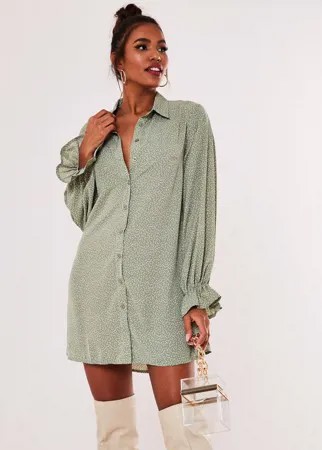 Платье-рубашка мятного цвета в горошек с оборками на манжетах Missguided-Зеленый цвет