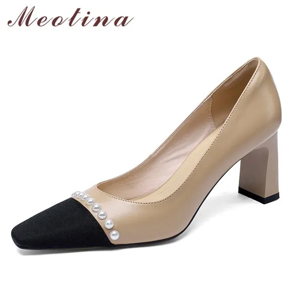 Туфли Meotina женские из натуральной кожи, натуральная персиковая воловья кожа, квадратный каблук, жемчужный высокий каблук, обувь на весну