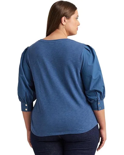 Топ LAUREN Ralph Lauren Plus-Size Jersey & Poplin Puff-Sleeve Top, цвет Frosted Lapis