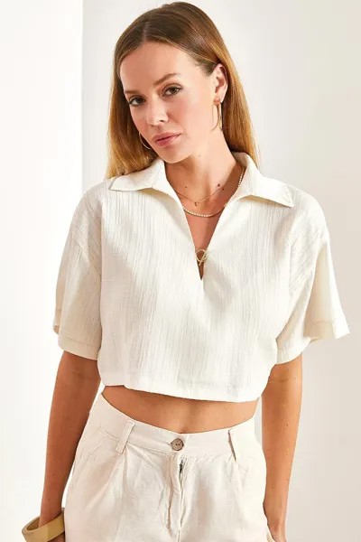 Женская укороченная хлопковая блузка с мятым узором SHADE, экрю