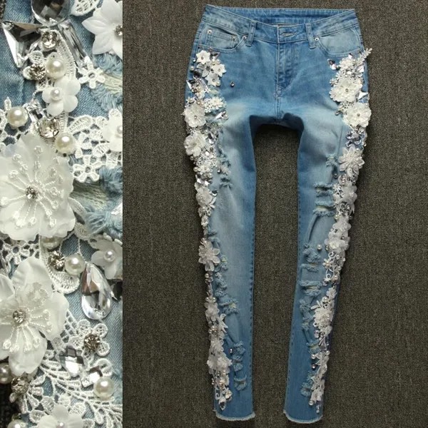 Женские джинсы со стразами 25-32 Стразы, новинка 2021, модные облегающие джинсы-карандаш с бисером, кружевами и цветами