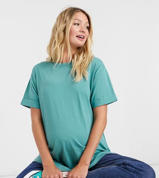 Сине-зеленая свободная футболка с отворотами на рукавах ASOS DESIGN Maternity-Зеленый