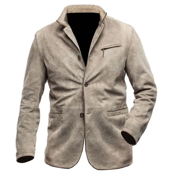 Мужская куртка винтажный замшевый пиджак с карманами светлый хаки