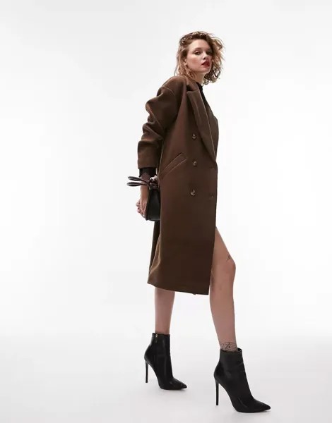 Двубортное длинное пальто шоколадного цвета Topshop