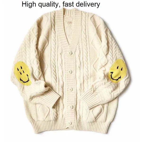 Шерстяной вязаный свитер 21AW с улыбающимся лицом и цветочным принтом, мешковатый мужской и женский кардиган, свитер для мужчин и женщин