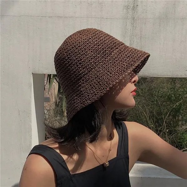 Шляпа женщин Ручной-Woven ведро Рыбак Шляпа женский модный Соломенный пляж Шляпа Случайный отдых Летний солнцезащитный крем шляпы