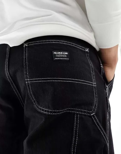 Черные джинсы плотника с контрастной строчкой Pull&Bear