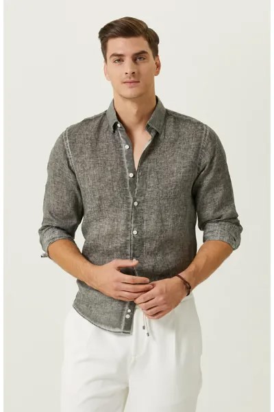 Льняная рубашка с длинным рукавом антрацитового цвета Network, серый