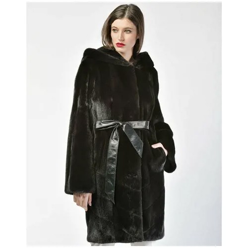 Пальто Manakas Frankfurt, норка, силуэт полуприлегающий, капюшон, пояс/ремень, размер 42, черный