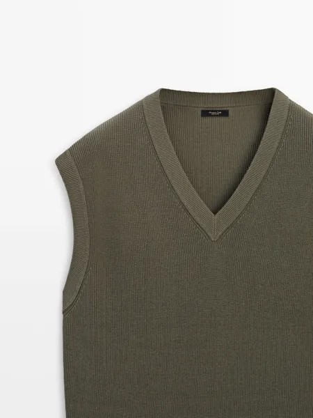 Жилет из смесового хлопка с V-образным вырезом Massimo Dutti, khaki