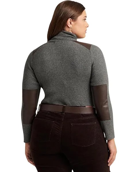 Свитер LAUREN Ralph Lauren Plus Size Faux Leather Trim Ribbed Turtleneck, цвет Modern Grey Heather