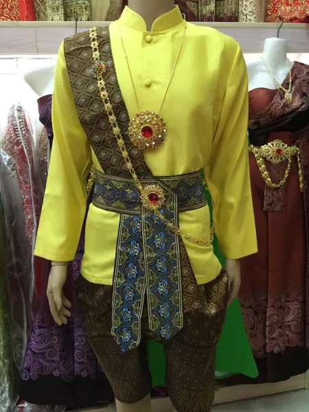 Тайский костюм, винтажная рубашка, желтая рубашка со стоячим воротником, топы с длинным рукавом, шаровары, шаль, традиционная одежда Оби для мужчин, тайланд