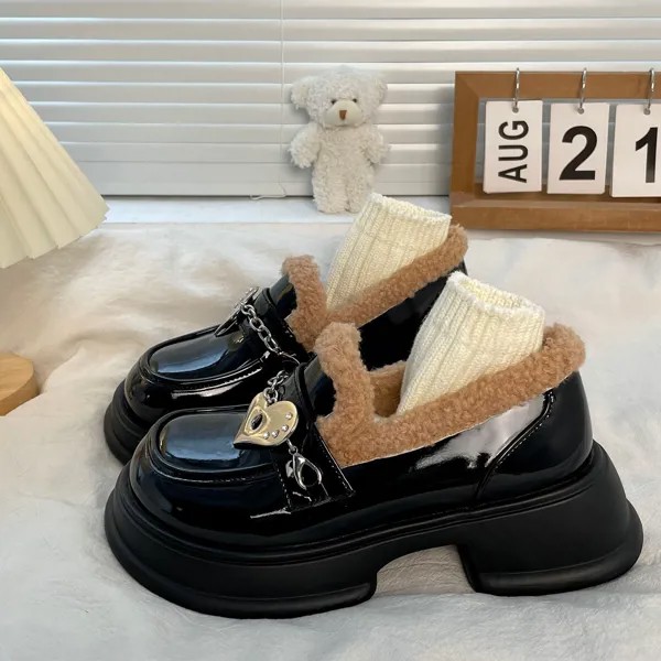 Женские ботинки 2022 Лолита обувь в форме сердца Лоферы зимние меховые женские ботильоны для колледжа девушки на массивном каблуке японские ...