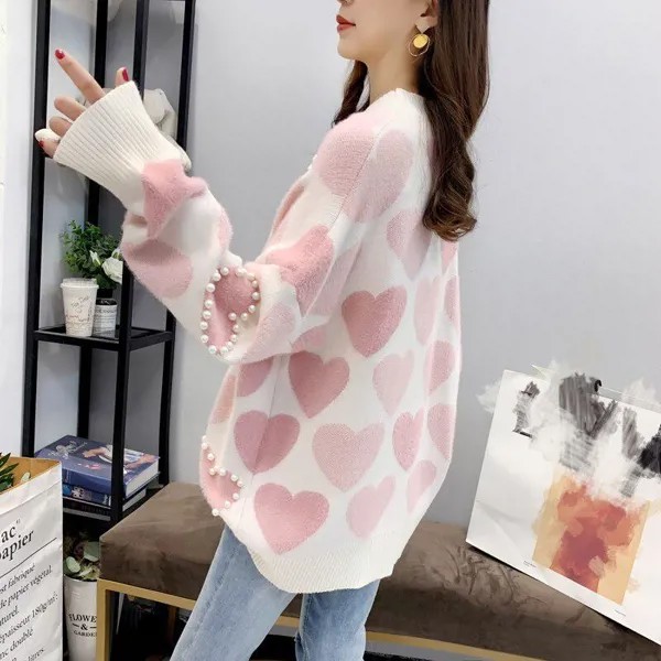 2020 Ленивый стиль Иностранный стиль Loose Sweater женщин корейской версии Pullover Свитер Малый свежий жемчужный плюшевый пиджак Осень