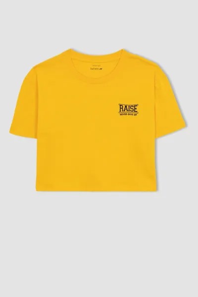 Укороченная спортивная футболка из 100% хлопка с короткими рукавами и круглым вырезом DeFacto, желтый