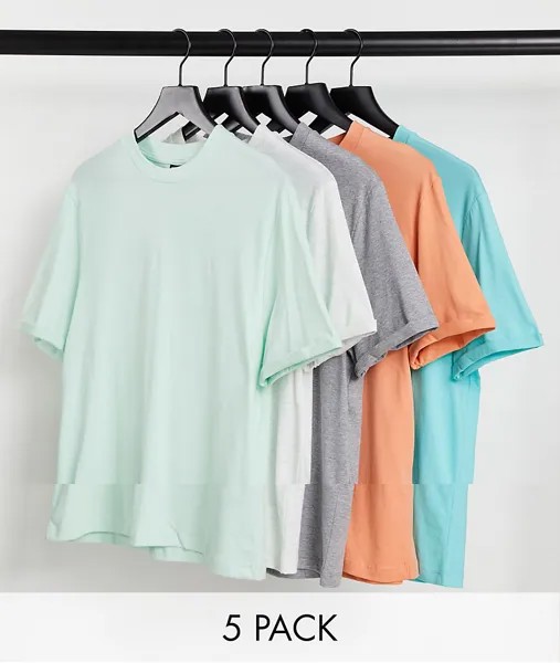 Комплект из 5 футболок из органического хлопка с отворотами на рукавах ASOS DESIGN-Разноцветный