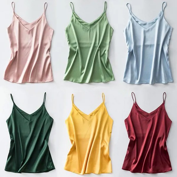 Women S Beachwear Camisole Halter V Шея без рукавов Сатин Шелковые вершины Нижняя рубашка вне ношения