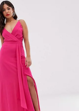 Платье макси цвета фуксии на бретельках с запахом и годе TFNC Petite-Розовый