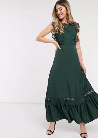 Зеленое атласное платье макси с кружевом и открытой спиной Object-Зеленый цвет