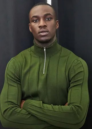 Вязаный джемпер цвета хаки в широкий рубчик с короткой молнией ASOS DESIGN Tall-Зеленый